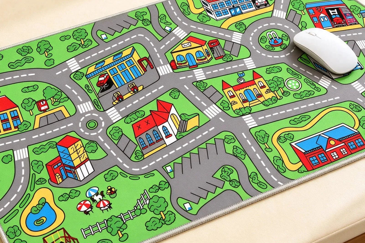 Childhood Mat Classic City road-map desk mat on a cream desk with a white mouse