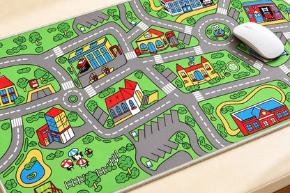 Childhood Mat Classic City road-map desk mat on a cream desk with a white mouse