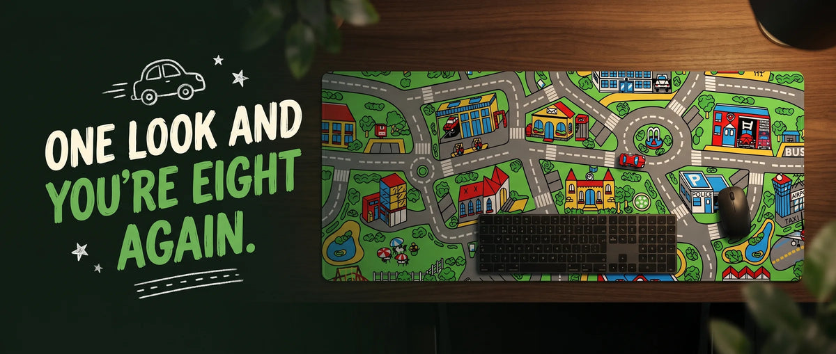 One look and you're eight again. The Childhood Mat Classic City road-map desk mat on a wooden desk with a keyboard and mouse (digital preview)