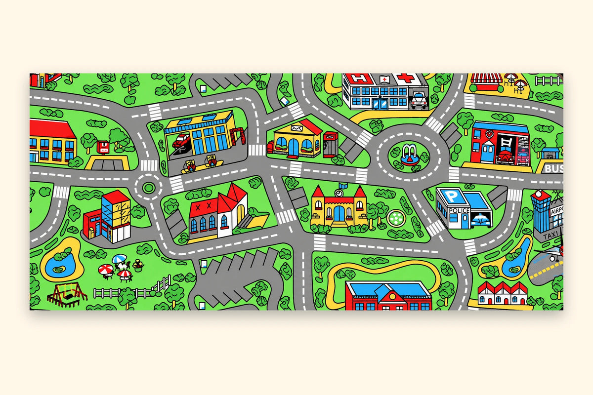 Top-down view of the full Classic City road-map desk mat artwork