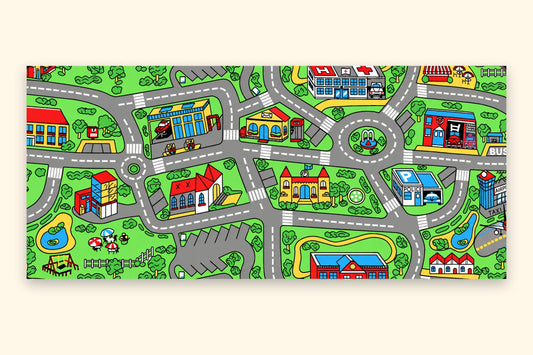 Top-down view of the full Classic City road-map desk mat artwork